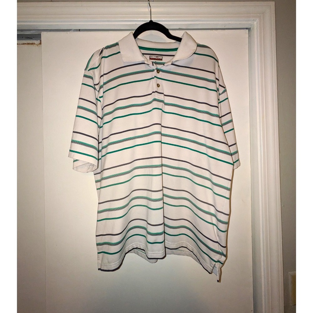 Kirkland Signature Men's XL Regular Striped Short Sleeve Polo, White/Green/Gray